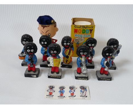 Set of 9 Robertsons Golly figures and 2 Original Enid Byltons Noddy Egg Cups 