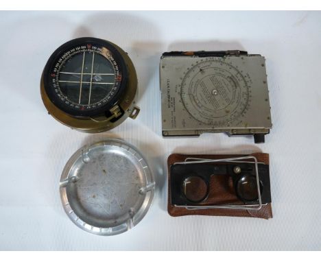WW2 Brass flight compass, Aluminium Malta GC ashtray, ICAN Calibration MK III Navigational Computor and a Cased Pair of Casel