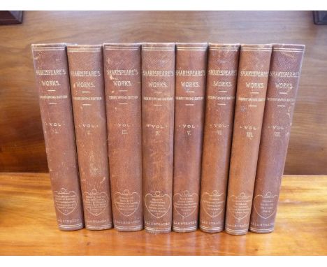 8 Volumes of Shakespeare's Works, Henry Irving Edition with brown leather spines. Condition: Some light wear 