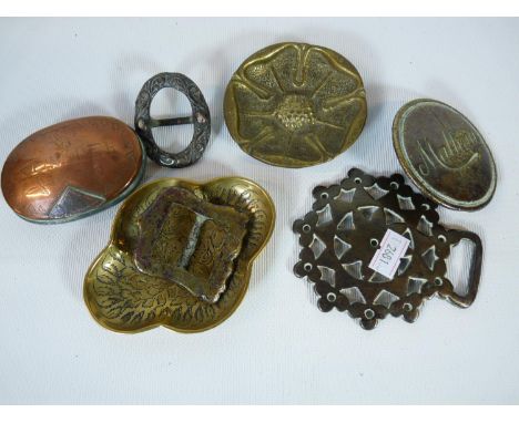 George III Copper Snuff box with die decoration marked J Tinkler, 2 Georgian Buckles and assorted metal ware 