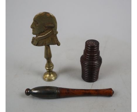 Collection of Georgian Bijouterie to include fruitwood bobbin, 7cm; a turned fruit wood miniature bottle holder, with its ori