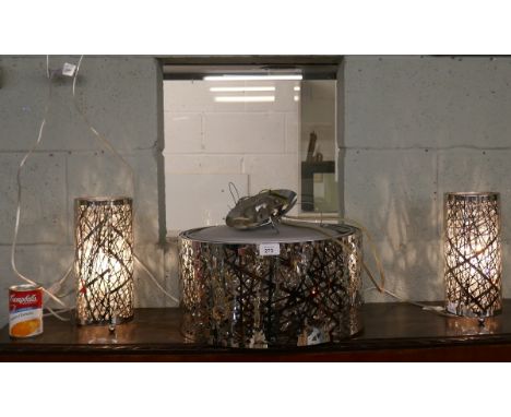 Chrome and droplet centre light together with a matching pair of bedside lamps 