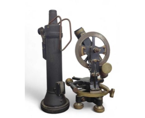 A GEC signalling torch together with a brass theodolite on adjustable supports, 18cms high