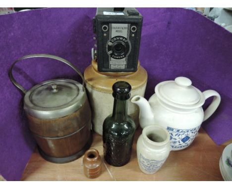 A miscellaneous selection including treen biscuit barrel, salt glaze jar, Conway box camera, etc