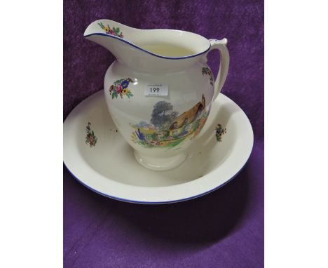 A vintage wash jug and bowl set with thatched cottage decal