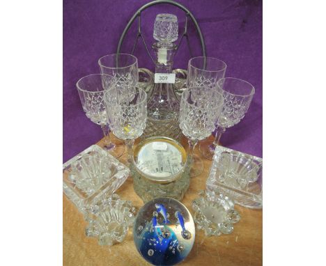 A selection of glass ware including wine glasses and decanter, paperweight, etc