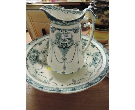 A vintage wash jug and bowl set with transfer print