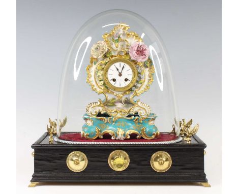 Henry Mare of Paris - a circa 1900 porcelain mantel clock, having a signed white enamel dial, eight-day cylinder movement wit