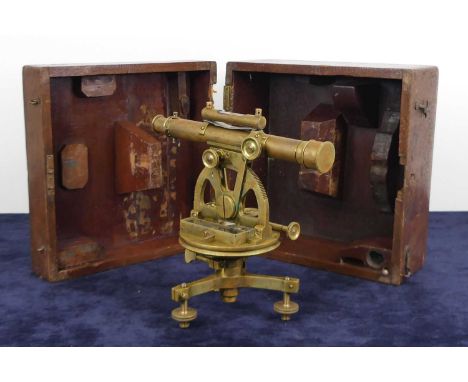 A mid-19th century brass theodolite by Troughton & Sims of London, the telescope with rack and pinion focusing, mounted on tw