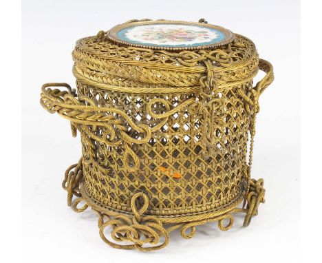 A late 19th century French Reinhardt Siraudin brass and braided cloisonné basket and cover, the hinged cover with porcelain i