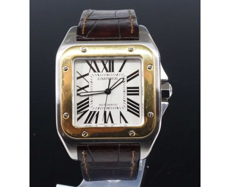 A gent's stainless steel and gold Cartier Santos XL 100 automatic wristwatch, ref. 2656, watch No. 739297CE, the screwed down