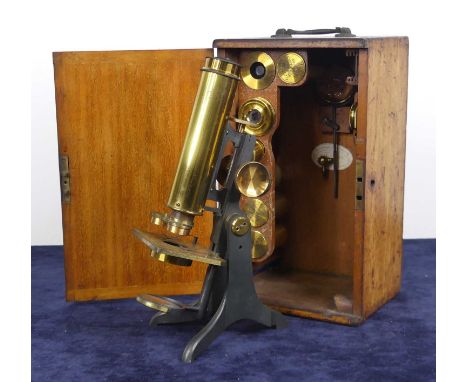 A late Victorian lacquered brass and anodised monocular microscope by Charles Collins Opticians of Great Portland Street, Lon