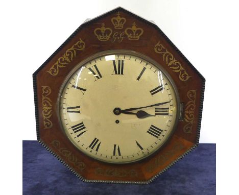 A Regency rosewood and brass inlaid wall clock, the octagonal case brass inlaid with three crowns and monogrammed GG, over a 