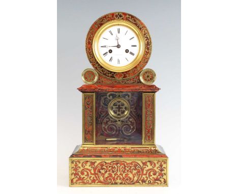 A late 19th century French boulle mantel clock, the white enamel Roman dial signed Potoniè Paris, twin winding holes for an e