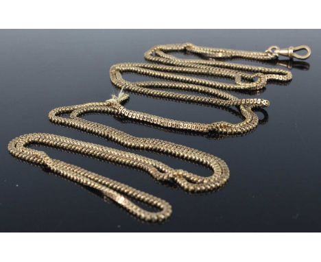 A vintage 9ct gold fancy box link guard chain with lobster claw clasp, note chain broken in one place, 29.1g, length 76cm