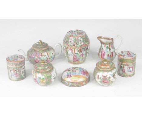 A collection of Chinese Canton porcelain, 19th century, each enamel decorated with interior scenes within cartouches, to inlc