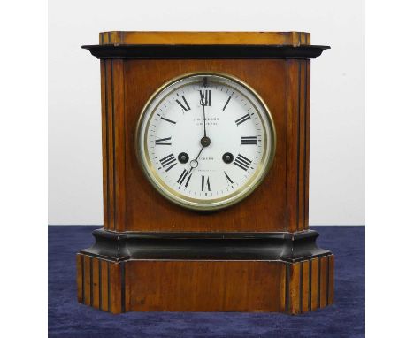 J W Benson of London - a late Victorian walnut cased bracket clock, having a signed white enamel Roman dial, twin winding hol