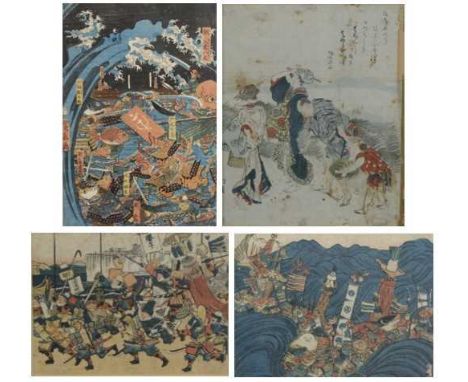Four Ukiyo-e Japanese woodblock prints, comprising Utagawa Hirokage (act.1855-1665) - sheet one from the triptych Great Battl