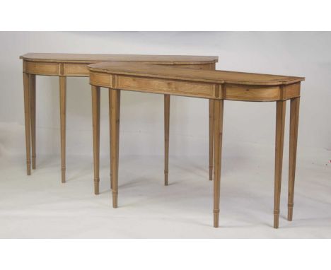 A pair of contemporary oak, burr oak and crossbanded console/hall tables, each of D-shape with breakfronts, crossbanded tops 