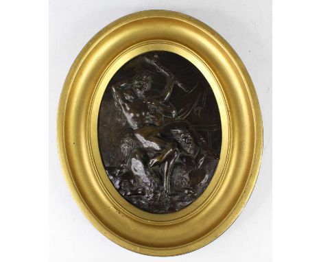 After Claude-Michel Clodion (1738-1814) - Nymph and Satyrs, relief cast bronze oval plaque, 24 x 19cm, in a deep gilded and e