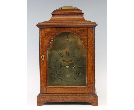 John Rowning of Newmarket - a George III mahogany caddy top bracket clock, having brass carry handle, 7" arched brass dial wi