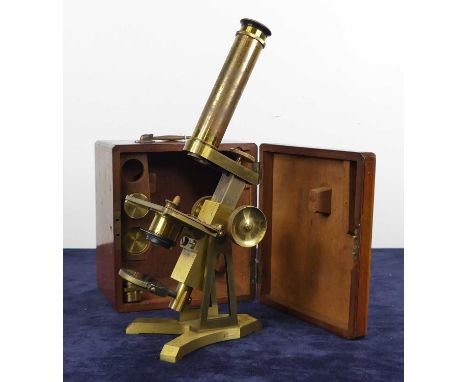 A Victorian lacquered brass monocular microscope by M. Pillischer of London, in fitted mahogany case with accessories, case h