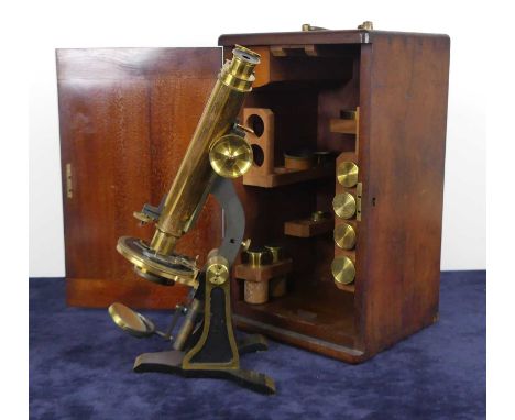 A mid-Victorian lacquered brass binocular microscope by H &amp; W Crouch of 64 Bishopsgate, London, numbered 313, sold with a