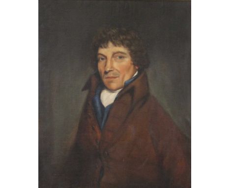 Circa 1830 English school - half-length portrait of a gentleman wearing a brown overcoat, oil on canvas (re-lined), 74 x 62cm
