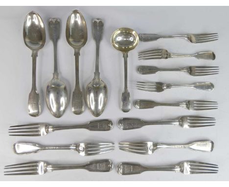 A part suite of Victorian silver cutlery, comprising four tablespoons, six table forks, five dessert forks and a soup ladle, 