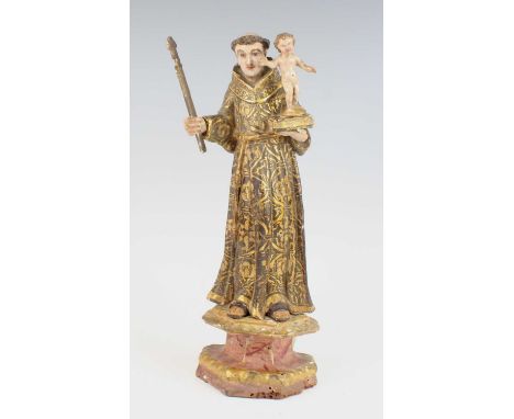 Saint Anthony and the Christ Child - 18th century polychrome painted wooden statue, probably Spanish or Portuguese, depicting