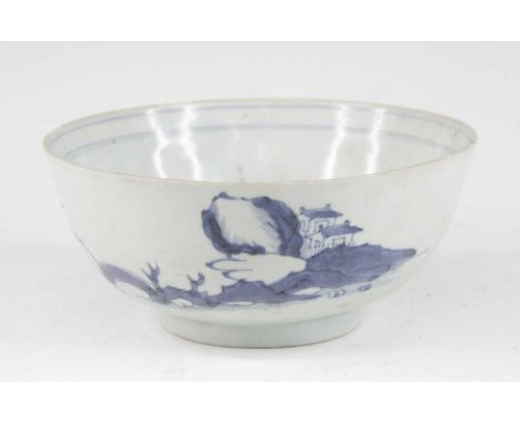 A Chinese blue and white porcelain bowl, circa 1750, decorated with pagodas within a landscape, bearing Christie's Nanking au