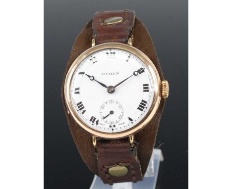 A gent's 9ct gold cased Buren Trench watch, circa 1920s, having a signed white enamel Roman dial with subsidiary seconds dial