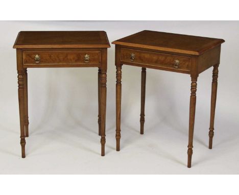 A pair of walnut and figured walnut side tables in the mid-18th century taste, each having a cross and feather banded top abo