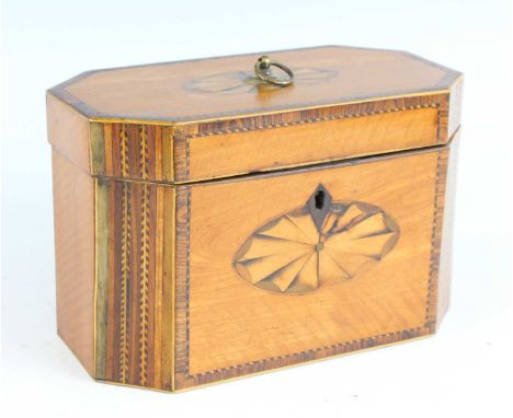 A Sheraton period satinwood and rosewood crossbanded tea caddy, the canted corners inlaid with specimen marquetry and hardwoo