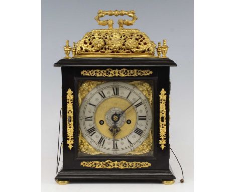 Nathanael Hodges of London - a late 17th century ebony veneered table clock, with pull quarter repeat and alarm, signed to th