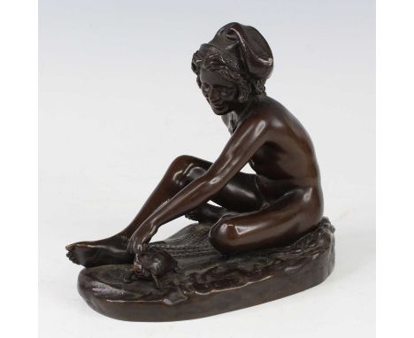 A circa 1900 French bronze modelled as a seated naked boy with turtle, unsigned but with Reduction Mechanique à Collas Brevet