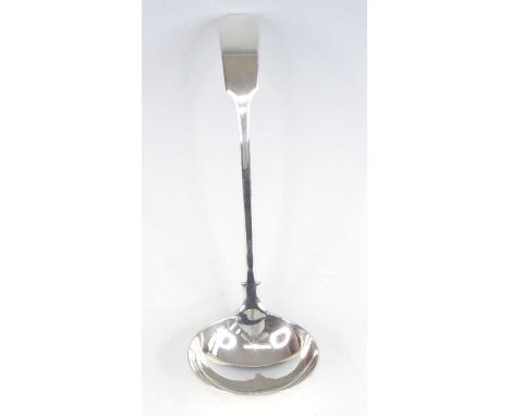 A George V silver soup ladle, in the plain Fiddle pattern, having a deeply curved handle, maker Robert Pringle &amp; Sons, Lo