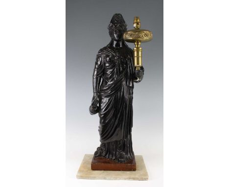 A circa 1830 bronzed plaster figure in the manner of Humphrey Hopper (1767-1844) - as a standing robed maiden holding a lamp 