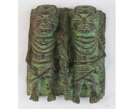 A bronze alloy plaque, cast as two figures in standing pose, Benin, 20th century, 15 x 12cm.