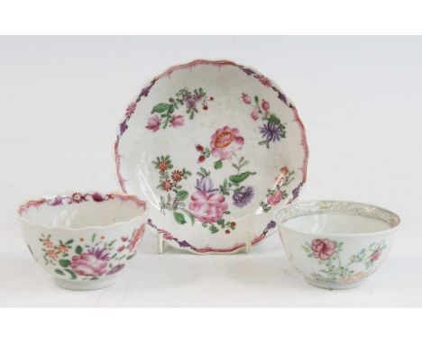 A Chinese famille rose porcelain tea bowl and saucer, 18th century, enamel decorated with flowers, 12.5cm diameter the saucer