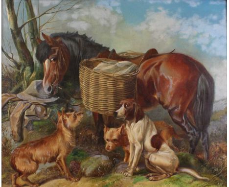Henry II Weekes (act.1849-1888) - Pony with wicker panniers and dogs (1860), oil on canvas, 50.5 x 61cm    Some areas of ligh