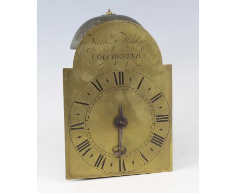 Nathaniel Hedge of Colchester - a mid 18th century 30-hour wall clock dial and movement, the 6¾" arched brass dial signed to 