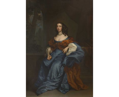 Circle of Sir Peter Lely (1618-1680) - portrait of Hon. Lady Brydges, seated full length in a blue dress and brown wrap, hold