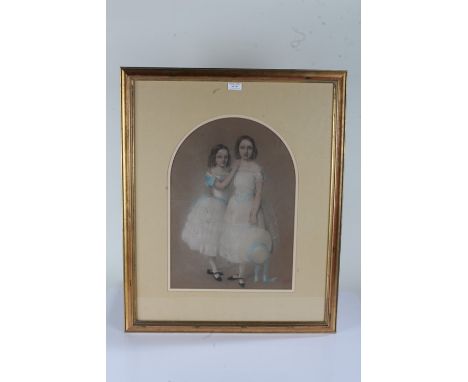 19th Century full length pastel portrait of two sisters in white dresses, housed in a glazed gilt frame, 33cm x 46cm&nbsp;