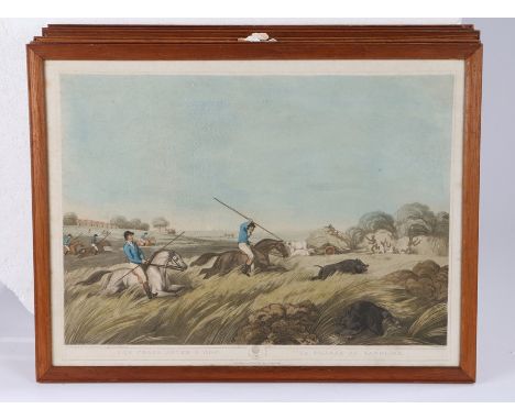 After Samuel Howett, set of six hunting coloured prints,'The Chase After a Hog', 'The Hog At Bay', 'The Return From Hog-Hunti