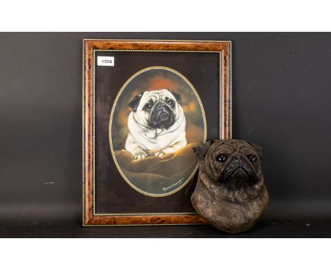 A Limited Edition Resin Pug Figure By Patsi Ann Dark brown pug figure with wall mounting hook to back. Together with a framed