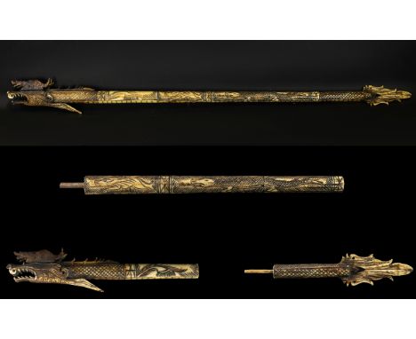 Oriental Long Three Section Carved Dragon Style (possibly Indonesian) Blow Pipe. 41" (104 cm) long three-section intricately 