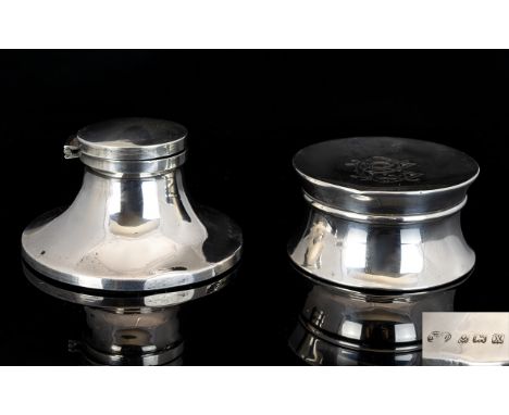 Silver Capstan Small Desk Inkwell of Circular Shape. Hallmark Birmingham 1922 + A Ladies Circular Silver Lidded Trinket Box w