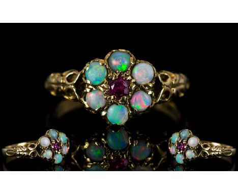 Antique Period Attractive 9ct Gold Opal and Garnet Gallery Set Dress Ring. Flower head Design. Full Hallmark 9.375 Gold. The 