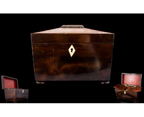 George III Mahogany Sarcophagus Form Tea Caddy Circa 1820 Complete with original fitted interior, ivory escutcheon, raised on